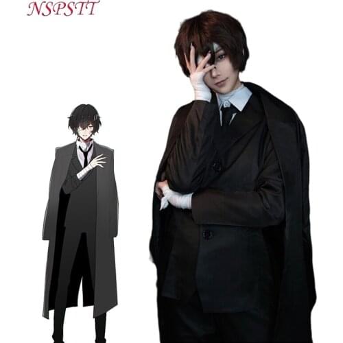 ROLEOCS Dazai Osamu Cosplay Costume Anime Bungou Stray Dogs Cosplay Costume Men Black Trench Pant Tie 4PCS Sets Outfit Halloween