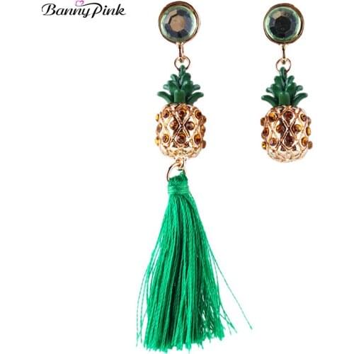 Banny Pink Cute Rhinestone Pineapple Pendant Earrings For Women Asymmetrical Fruit Tassel Earrings Bohemia Fringe Earrings Gifts