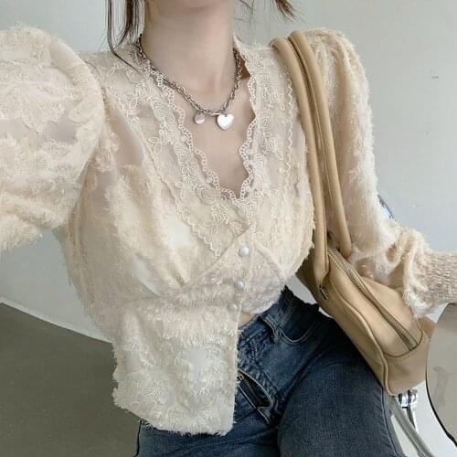 2020 autumn v-neck design sense niche lace edge shirt is thinner short ladies tops fashion blouse