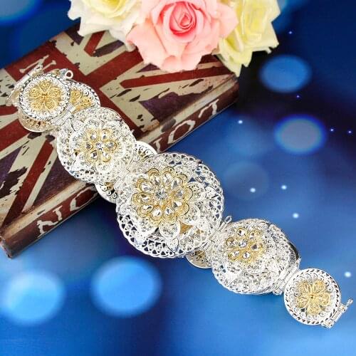 Sunspicems Elegant Moroccan Caftan Belt for Women Wedding Dress Jewelry Metal Waist Chain Round Flower Buckle Adjustable Length
