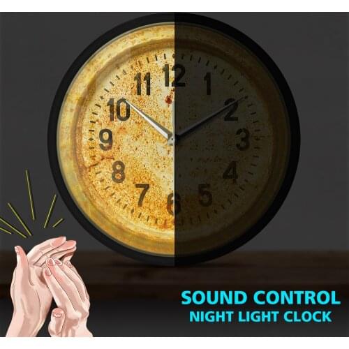 Retro Age Rusty Old Decor LED Light Wall Clock Primitive Hanging Watch Sound Activated Timepiece Metal Frame Quiet Sweep Quartz