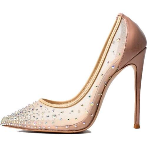 Stylish See Through High Heels Pumps Glittering Crystal Mesh Dress Shoes Stiletto Heels Pointed Toe Popular Celebrating Shoes