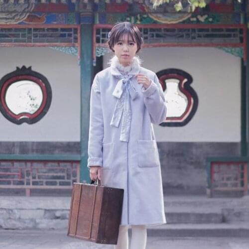 "XiangRuGu" Old Flavor Vintage Womens Long Wool Coat Trench Flower Embroidery Winter Outwear Chinese Style