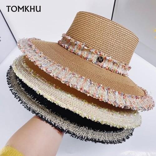 Women Female Wide Brim Summer Hat Fringed Beach Hat Straw Boater Flat Top Sun Hats Fashion Dress Derby Lady Chapeau Feminino Cap