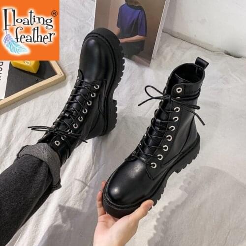 White Black PU Leather Ankle Boots Women Autumn Winter Round Toe Lace Up Shoes Woman Fashion Motorcycle Platform Botas