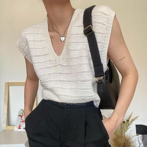 B-TOTO American Retro White V-neck Thin Knit Vest Womens Trendy Ins Summer Wear All-match 2021 New Fashion