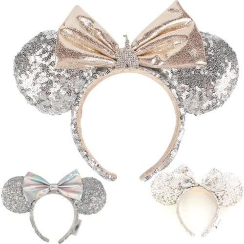 1Pcs Minnie Ears Headband Castle Big Bows silver Sequin EARS COSTUME Headband Cosplay Plush Adult/Kids Headband Gift