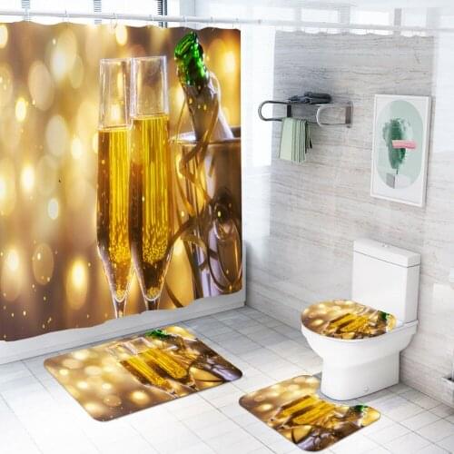 4 Pieces Sets 3D Print Champagne Curtain Sets Bath Rug Toilet Cover Floor Mat Waterproof Bath Curtain with Hooks,Bathroom Decor