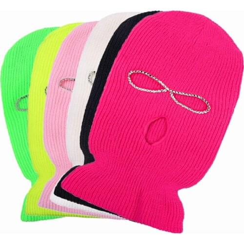 3 Holes Unisex Rhinestone Balaclava Mask Hat Full Face Mask Knitted Ski Snowboard Hat Cap Winter Hip Hop Multiple Colour Beanie