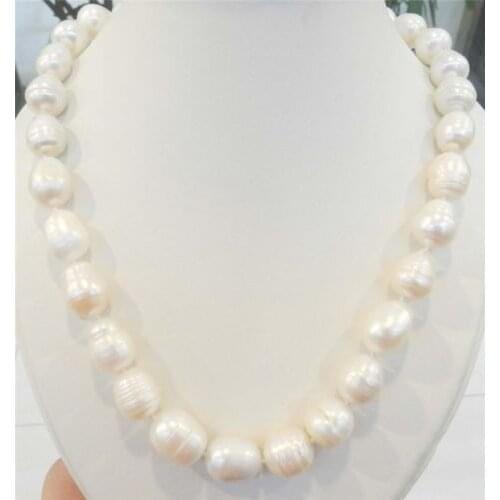 Free shipping J0035 20 INCHES LONG. BIG RICE SHAPE 12-13MM WHITE REAL NATURAL PEARL NECKLACE