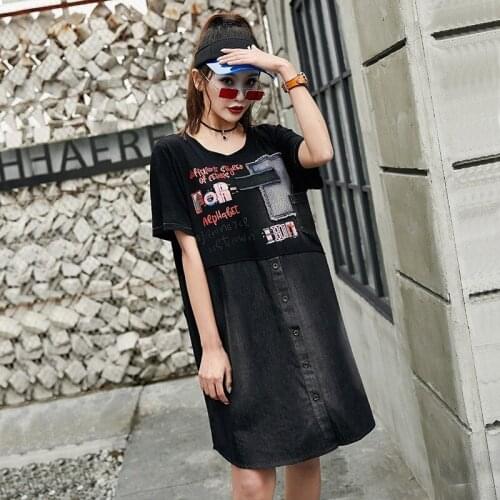 Oversize Summer New Womens Knitted Denim Patchwork Loose Dresses Patchs Designs Embroidery Female Short Sleeve O-Neck Dresses