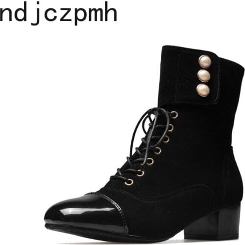 Boots Women New Fashion Autumn and Winter Square Head Lace Up Pearl Mid Heel Middle Tube Womens Shoes Plus Size 32-47 4cm High