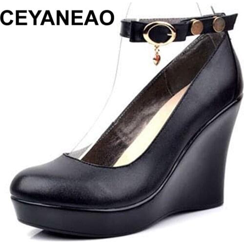 CEYANEAO2019 Fashion Ankle Strap High Wedges Platform Pumps For Women Casual Genuine Leather Black Work Shoes High HeelsE1498