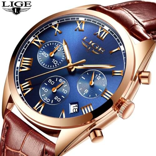 2018 LIGE Luxury brand mens quartz watch Mens waterproof fashion sports watch Mens leather watch Relogio Masculino+box