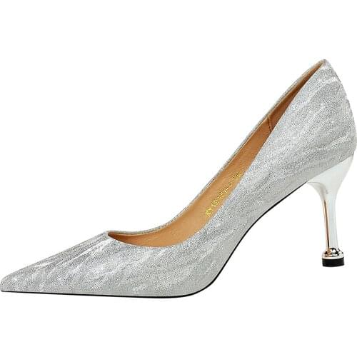 European and American fashion sexy banquet stiletto shallow pointy head sequins wedding shoes single shoe 0755-A6