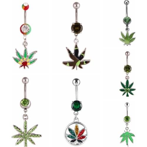 MODRSA 1Piece Mix Style Jamaican Rasta Leaf Belly Button Ring Leaf Crystal Stainless Steel Navel Piercing Ombligo Body Jewelry