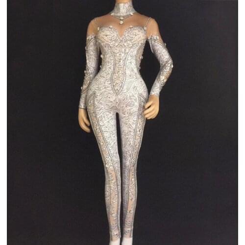 Bright Rhinestones Jumpsuit Stretch Bodysuit Women Sexy Nightclub Nude Crystals Costume Dance Jumpsuit Stage Outfits DT377