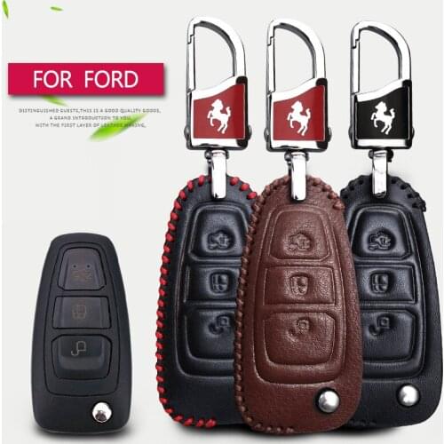 Leather Car Key Case Cover for Ford Ranger Kuga Fiesta MK8 MK7 Mondeo Focus MK4 C S Max Mustang Galaxy Explorer Fusion Keychain