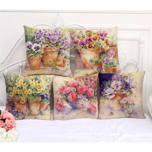 Throw Pillow Cases Watercolor Flowers In Pots Cushion Cover 45x45cm Home Living Room Decoration Linen/Cotton Pillowcover Decor