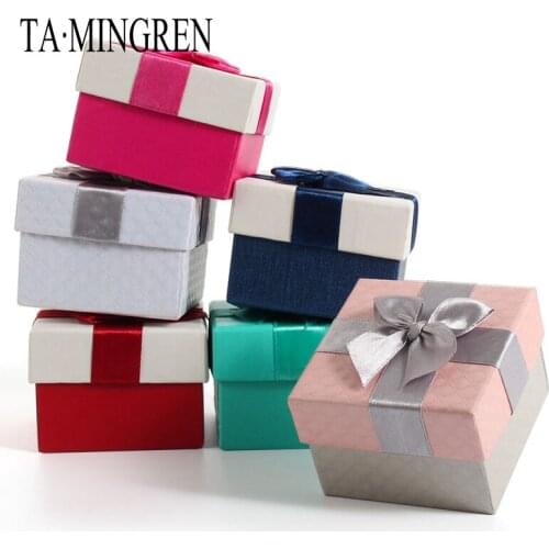 New High-end Dark Blue Ribbon Bow Paper Wedding Ring Box Earring Jewelry Storage Case Gift For Lovers 5 Colors Available