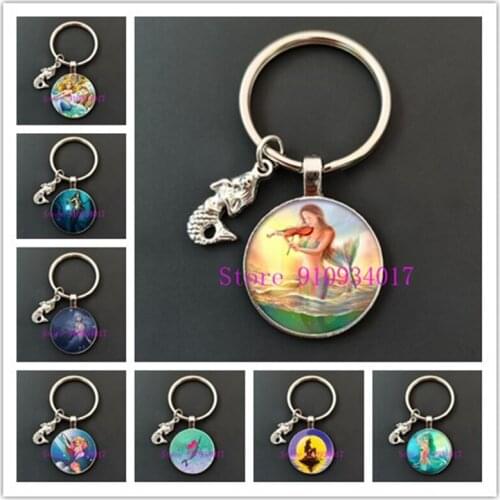 New round glass cabochon 25mm Little Mermaid keychain fantasy ocean fairy tale mythology glass art picture keychain
