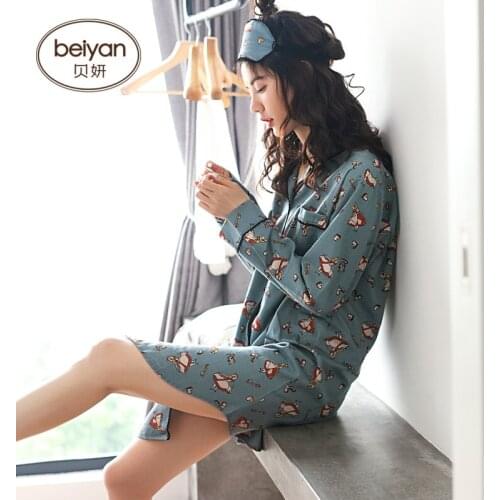 Autumn New LadiesSleepwear Sexy Shirt Sleeping Skirt Slim Female' Summer Shuttle Woven Cotton Short Set
