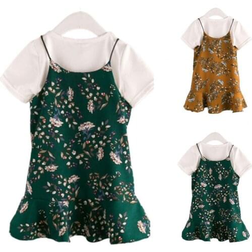 Dress Round Neck Loose Children Girls Tops Floral Print Sling Dresses Set Solid Color Ruffle Hem Comfortable Summer Clothing