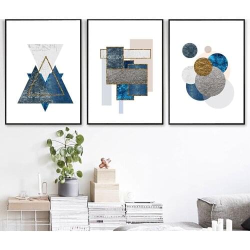 Nordic Poster Abstract Geometric Canvas Modern Blue Style Painting Gloden Line Art Print Wall Picture For Living Room Home Decor