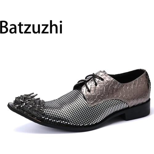 Batzuzhi Luxury Handmade Mens Shoes Pointed Metal Toe Formal Business Leather Shoes Men Lace-up Dress Shoes for Men Party