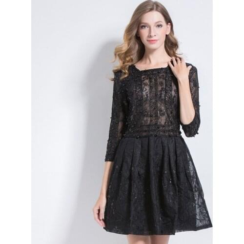 Spring Luxury Party Vestido Square Collar 3/4 Sleeve Handmade Embroidered Bead Pearl Sequin Tunic A-Line Hollow Out Lace Dress