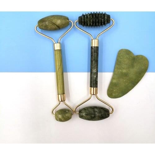 2 in 1 Green Roller and Gua Sha Tools Set by Natural Jade Scraper Massager with Stones for Face Neck Back and Jawline