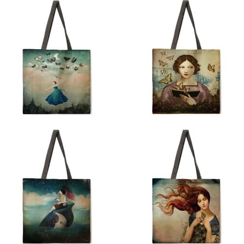 Girls and Fantasy Printed Tote Bags Ladies Casual Tote Bags Ladies Shoulder Bags Foldable Shopping Bags Outdoor Beach Bags