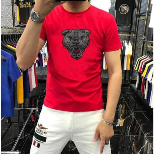 Heavy Craft High-End Dog Head Shiny Diamond Personality New T-Shirt Slim Breathable Summer Mens Short Pullover