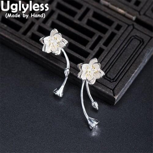 Uglyless Detachable Multi-use Flowers Studs Earrings for Women Handmade Lotus Earrings 925 Silver Ethnic Brincos Retro Jewelry
