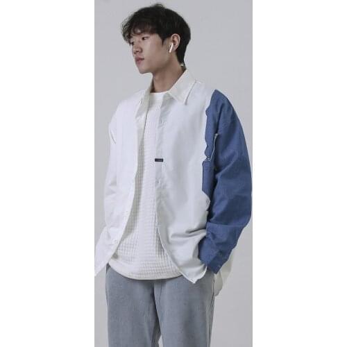 VERSMA Korean Chic Jeans Stitch Vintage White Shirt Men Long Sleeve Cotton Casual Oversize Hawaiian Shirts For Men Dropshipping