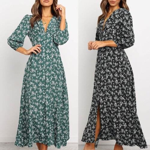 Vintage Floral Print Maxi Kleid Frauen Boho Hülse Mit Drei Vierteln Lange Kleid Drehen Unten Kragen Casual Shirt Kleider Robe
