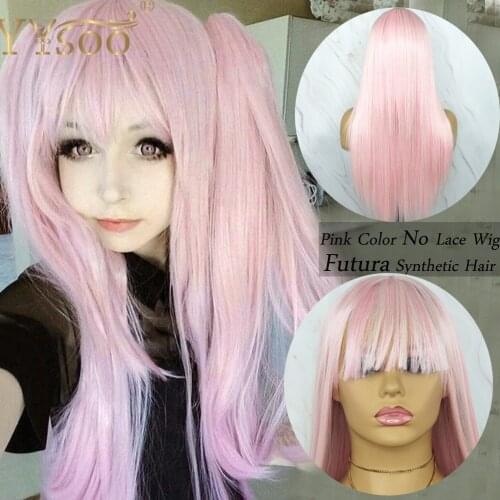 YYsoo Long Pink Mixed White Color Silky Straight Futura Synthetic No Lace Wigs With Bangs Full Machine Made Pink Wigs For Women
