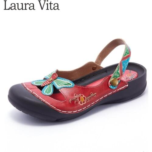 Laura Vita Retro Hand Painted Flat Genuine Leather Shoes Bohemian Handmade Mark Line Adjustable Comfortable Ladies Sandals