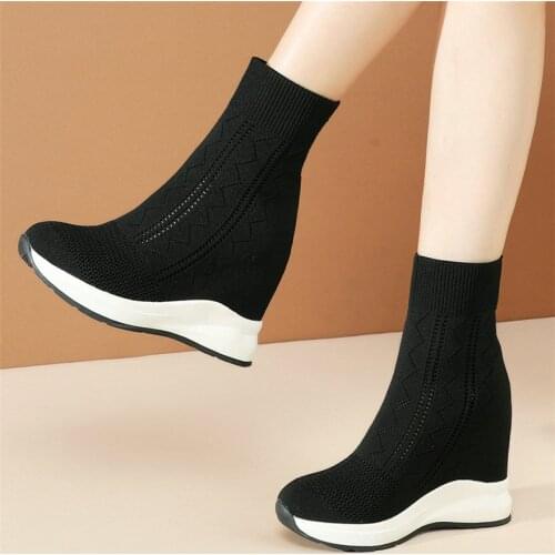 Women Knitting Wedges High Heel Ankle Boots Female High Top Round Toe Breathable Fashion Sneakers Platform Trainers Casual Shoes