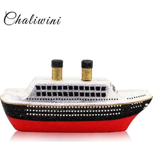 Womens Fashion 3D Ship Steamer Crystal Clutch Evening Bag Lady Metal Clutches Minaudiere Wedding Handbag Travel Toiletry Purse