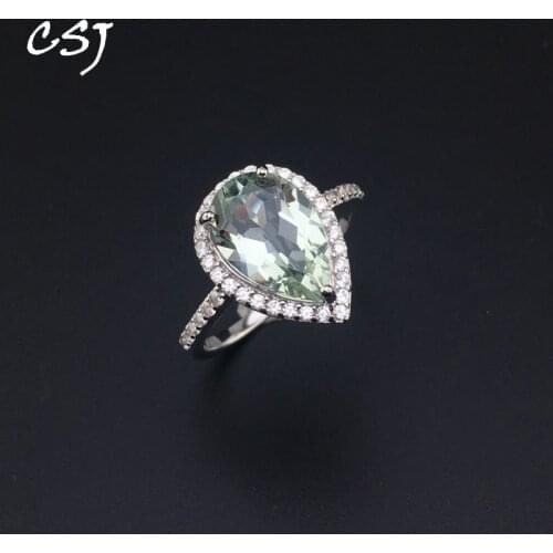 CSJ Green Amethyst Rings Sterling 925 Silver Natural Gemstone Pear 8*12mm Women Lady Wedding Engagment Party Gift Box