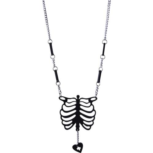 Euramerican Hyperbole Sternum Skeleton Heart Cross Pendants Necklaces For Women Black Vintage Long Acrylic Necklaces Punk E19009