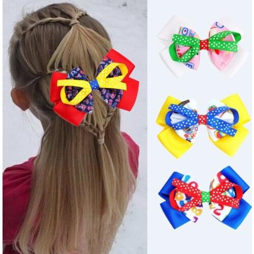 10pcs/Lot 2021 New Back To School Printed Hair Bow Clip For Girls Kids Back Head Clip Grosgrain Ribbon Hairpins Hair Accessories