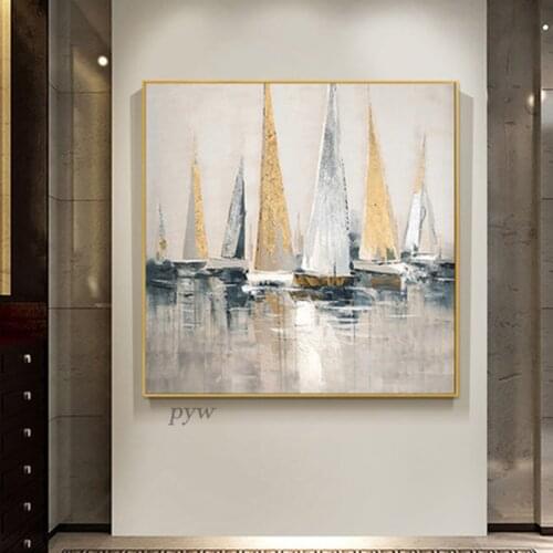 100% Hand Painted Sailing Boat On The Sea Canvas Oil Painting posters Modern Abstract minimalist Wall Art For Home Decoration