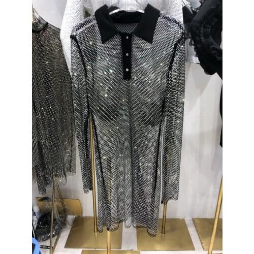 Shiny Diamonds Beading mesh Dress lady Temperament Slim turn-down collar Long-Sleeved Sexy Party Club mini dress vestido jurken