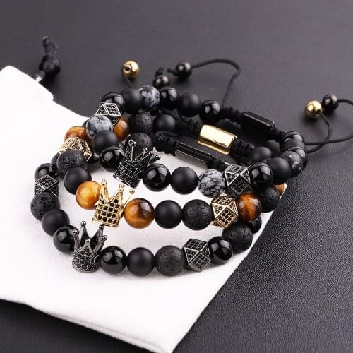 New Design Men Bracelet Natural Lava Stone Tiger Eye CZ Micro Pave Crown Friendship Macrame Adjustable Bacelet Men