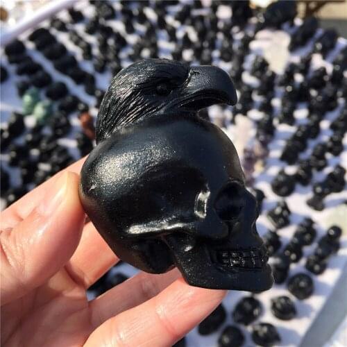 Natural Stone Black Obsidian Handmade Carved Skull Eagle Powerful Statue For Home Decoration Gift