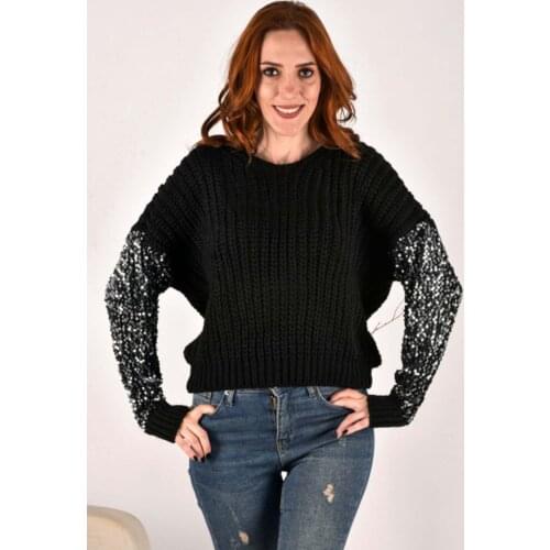 Black Half Cycling Collar Sleeves Sequins womens clothing stylish elegant slim happy business woman working woman female studen