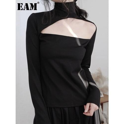 [EAM] Women Black Hollow Out Irregular Casual T-shirt New Turtleneck Long Sleeve Fashion Tide Spring Autumn 2021 1DD7351