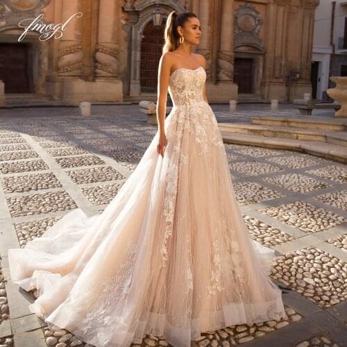 Fmogl Sexy Backless Strapless Lace Vintage Wedding Dresses 2021 Luxury Off The Shoulder Appliques Court Train A Line Bride Gown
